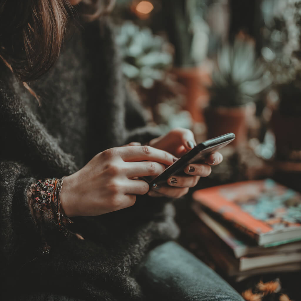 Termine online buchen - Frau mir Handy in der Hand - Human Design bei Dr. Birgit Greiner