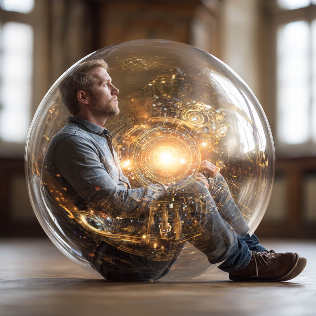 Tor 64 im Human Design - Mensch sitzt in einer Gedankenblase und versucht Klarheit zu finden