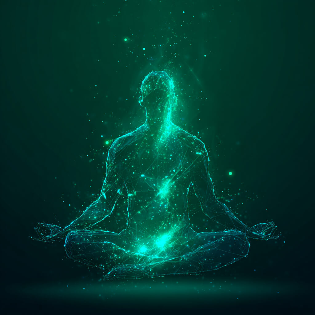 Human Design Zentren - Bild eines menschlichen Körpers sitzend mit leuchtenden Engergiezentren