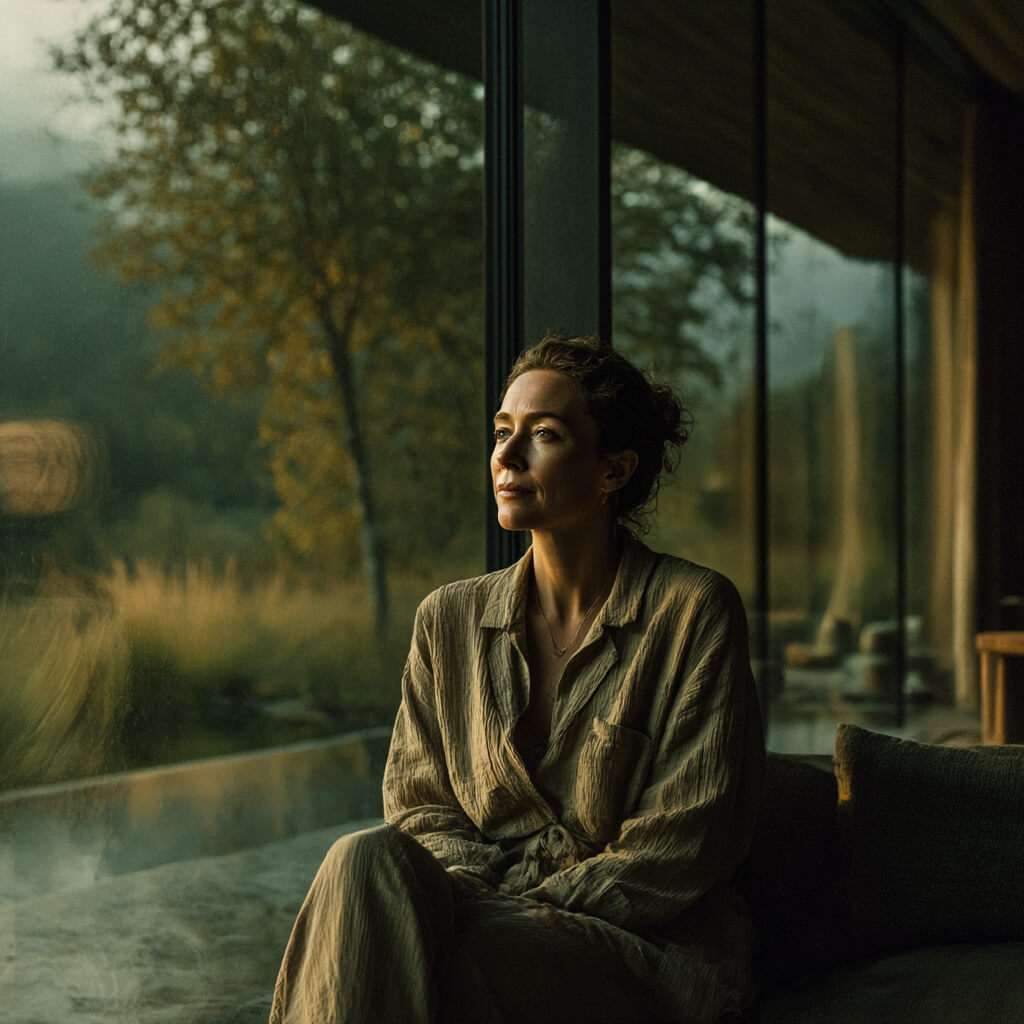 K&ouml;rper, Gesundheit und Schumann-Frequenz im Human Design - Frau sitzt in einem Raum betrachtet die Natur - Dr. Birgit Greiner