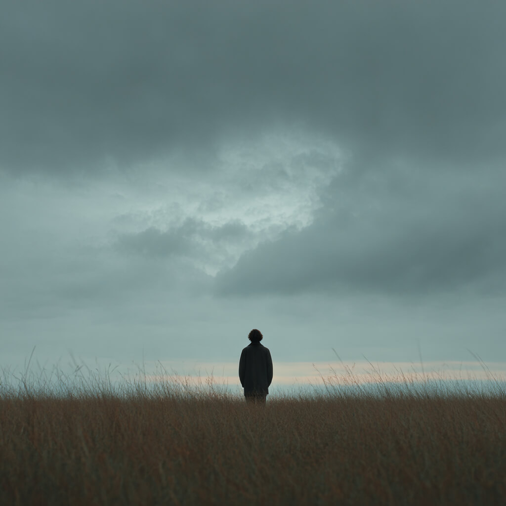 Tor 28 im Human Design und Transit - Mensch auf der Suche nach dem Sinn am Feld unter grauem Himmel - Dr. Birgit Greiner