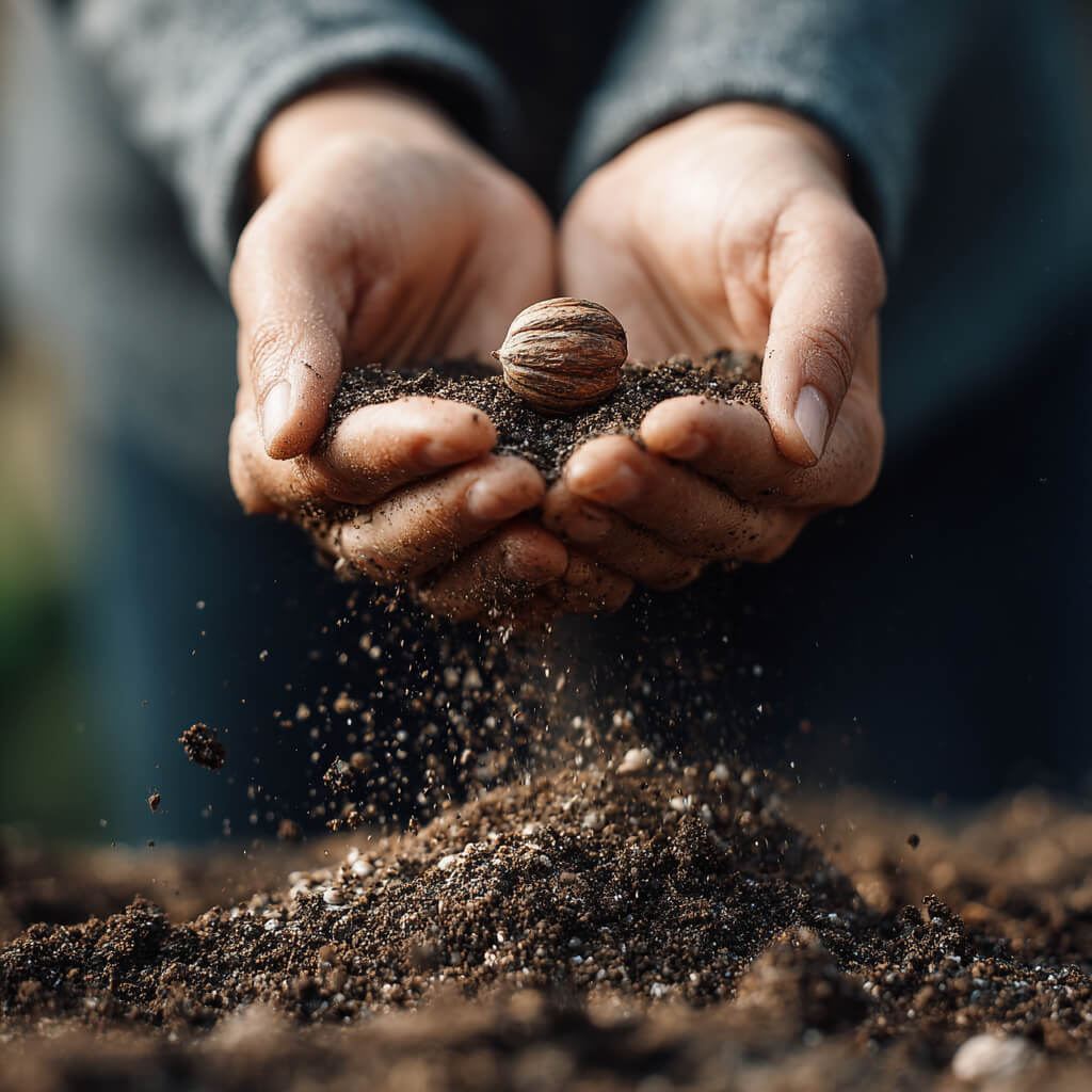 Zentren im Human Design - Hände mit Samen und Erde - Dr. Birgit Greiner