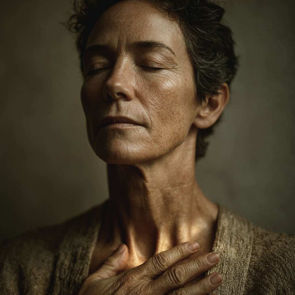 G-Zenturm - Frau berührt ihren Brustbereich - Identität und Richtung im Human Design - Dr. Birgit Greiner