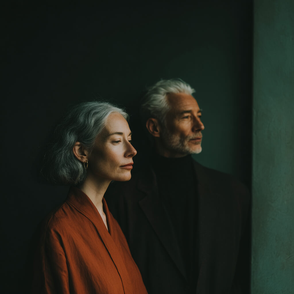 Human Design Transit: Zwei reife Personen stehen ruhig nebeneinander vor dunkelgr&uuml;nem Hintergrund, ausgerichtet in dieselbe Richtung, Sinnbild f&uuml;r Zuh&ouml;ren, Erfahrung und innere F&uuml;hrung.
