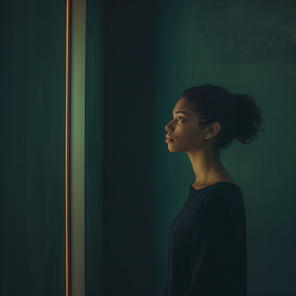 Human Design Transit: Frau im Raum mit dunklen Haaren