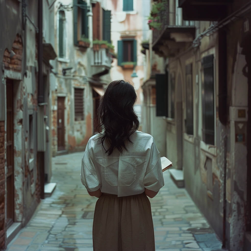 Frau steht in einer engen Gasse mit einer Karte in der Hand – Symbol für Orientierung und das Finden des eigenen Weges als Landkarte im Human Design