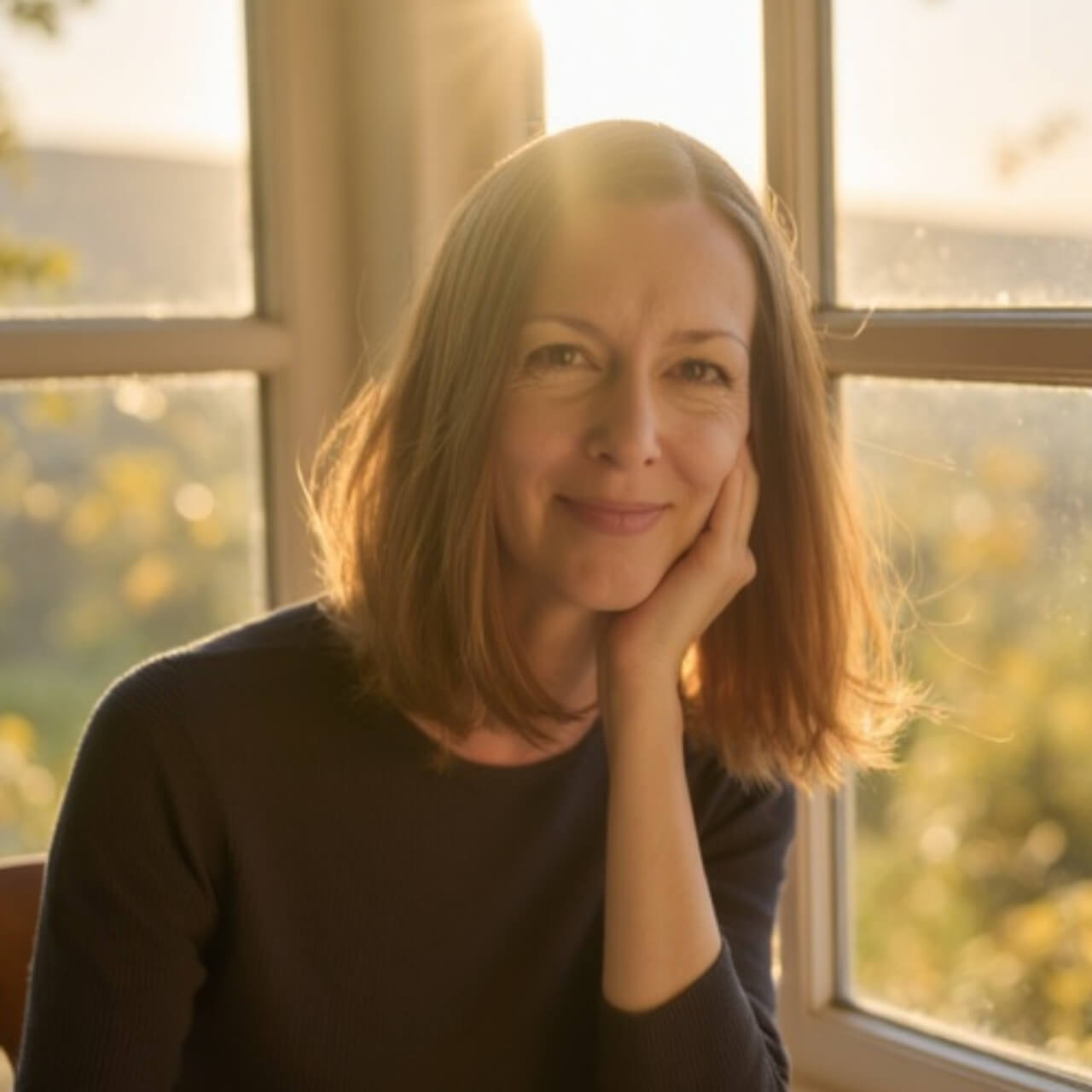 Frau sitzt am Fenster und blickt in die Kamera. Meine erste Erfahrung mit Human Design - Dr. Birgit Greiner Human Design Analyse und Kurse